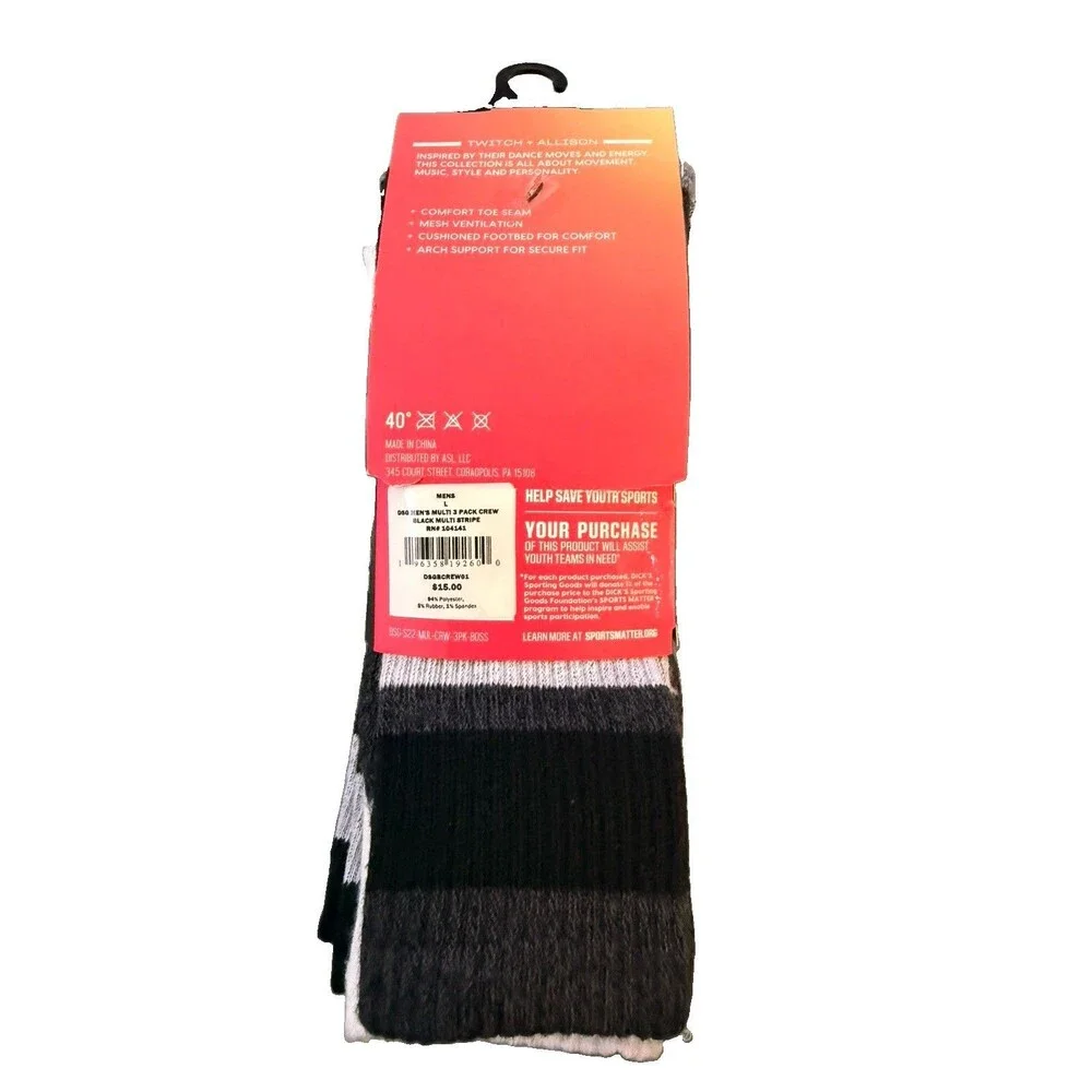 DSG Crew Socks Multi Color Size Large Men’s 8-13 3 Pairs White Black Gray New